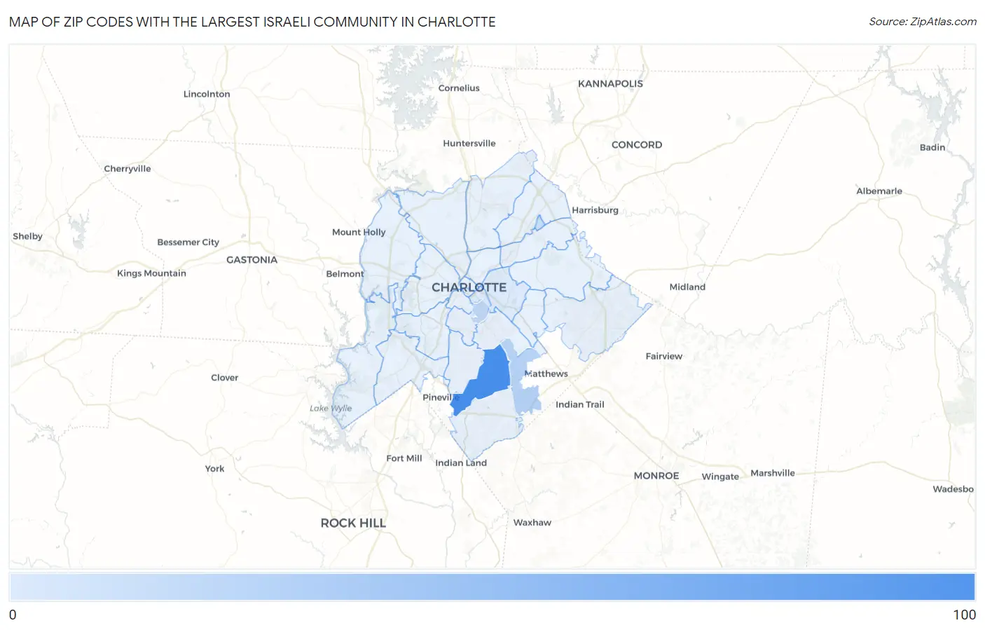 Zip Codes with the Largest Israeli Community in Charlotte Map
