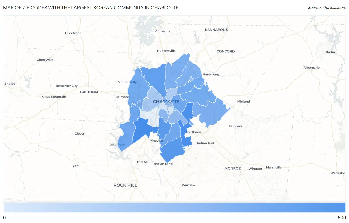 Zip Codes with the Largest Korean Community in Charlotte Map