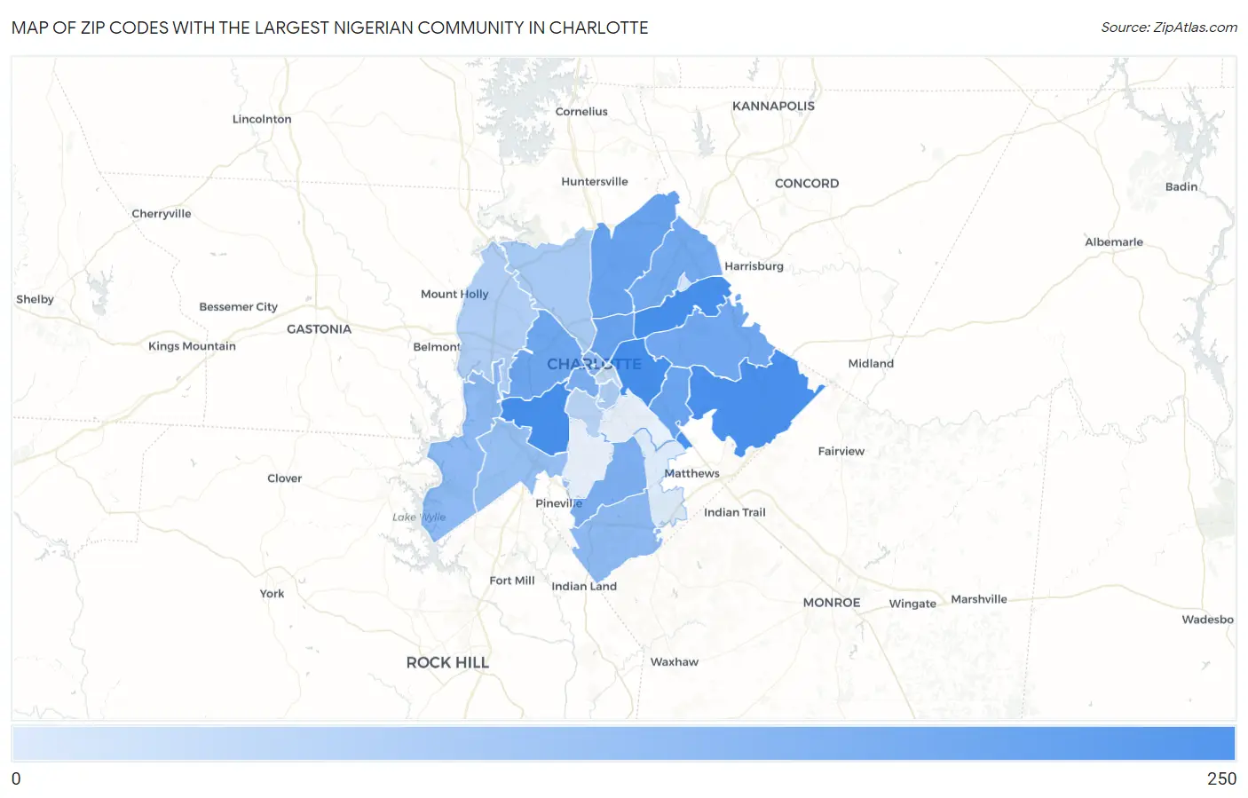 Zip Codes with the Largest Nigerian Community in Charlotte Map