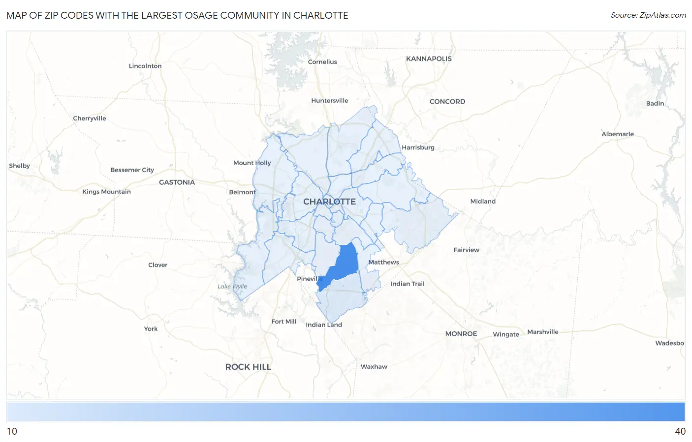 Zip Codes with the Largest Osage Community in Charlotte Map