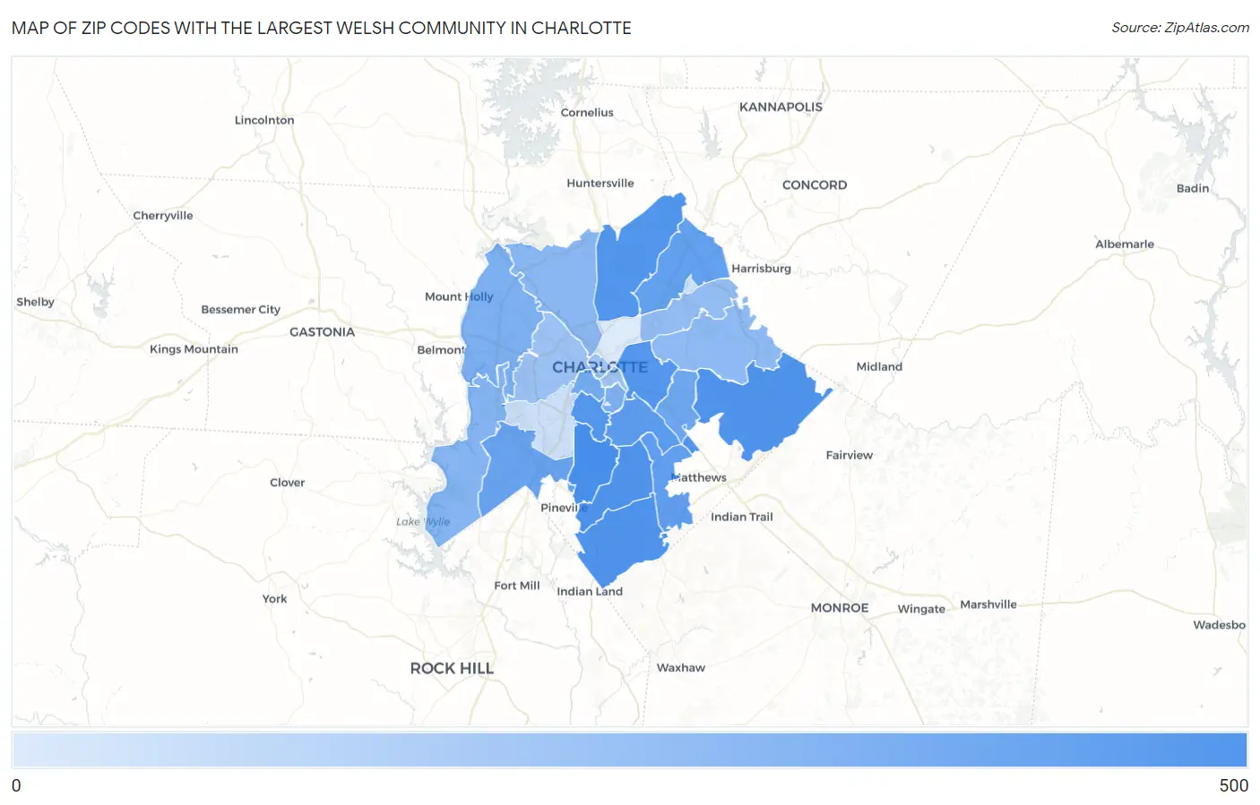 Zip Codes with the Largest Welsh Community in Charlotte Map