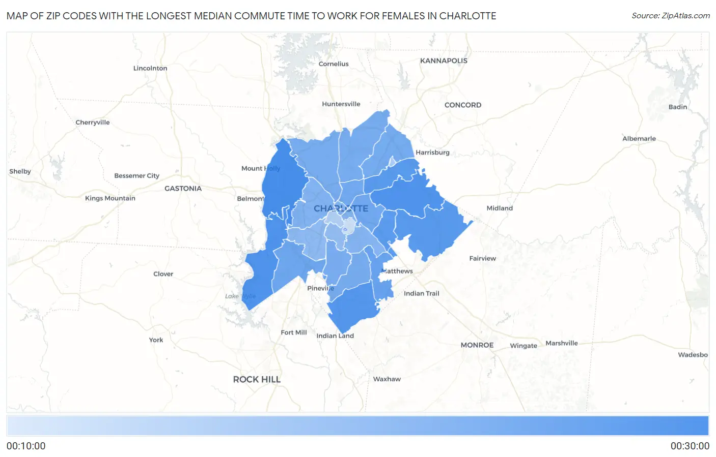 Zip Codes with the Longest Median Commute Time to Work for Females in Charlotte Map