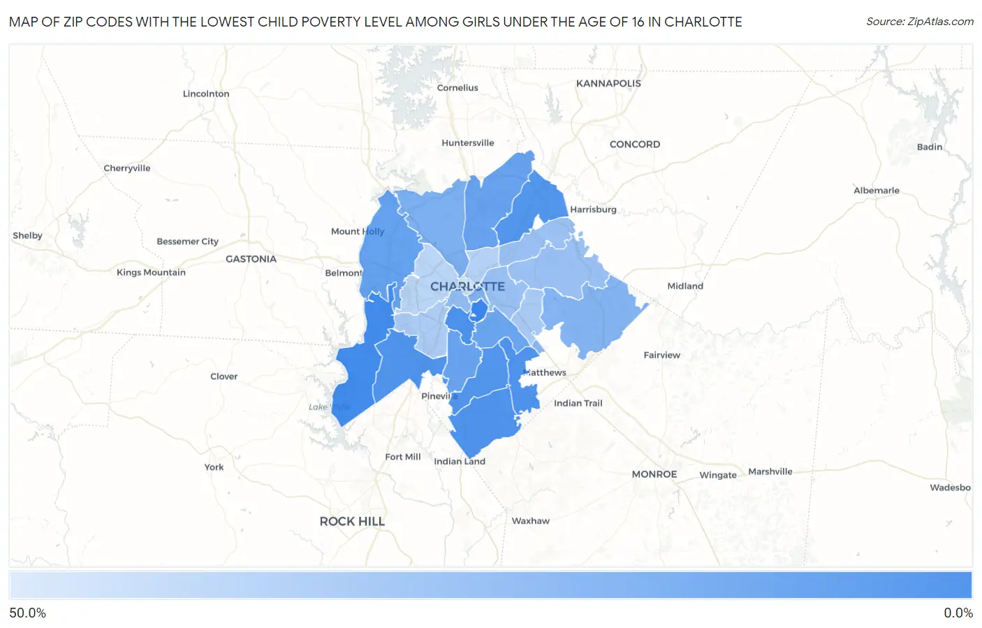 Zip Codes with the Lowest Child Poverty Level Among Girls Under the Age of 16 in Charlotte Map
