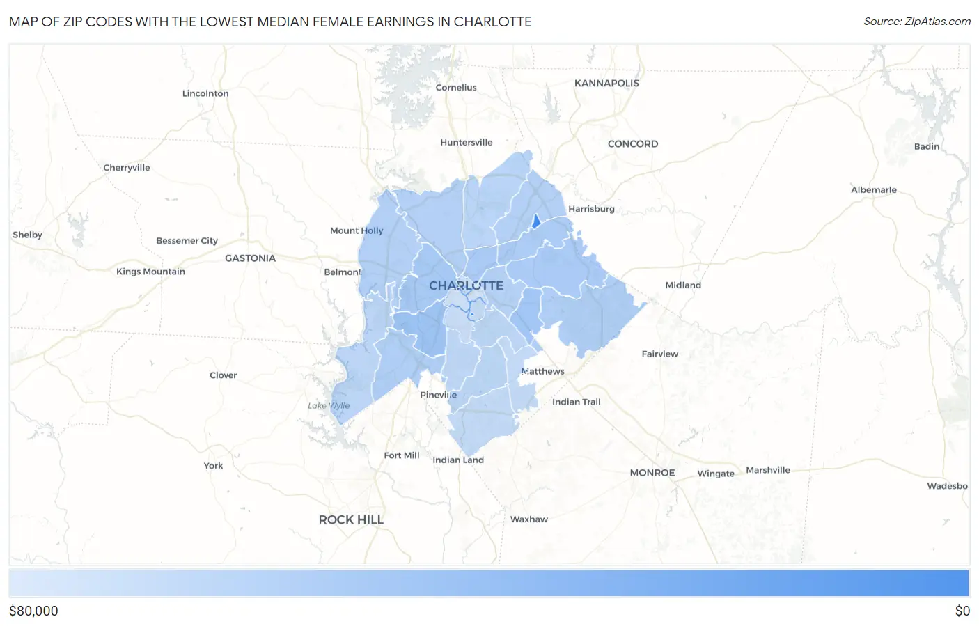 Zip Codes with the Lowest Median Female Earnings in Charlotte Map