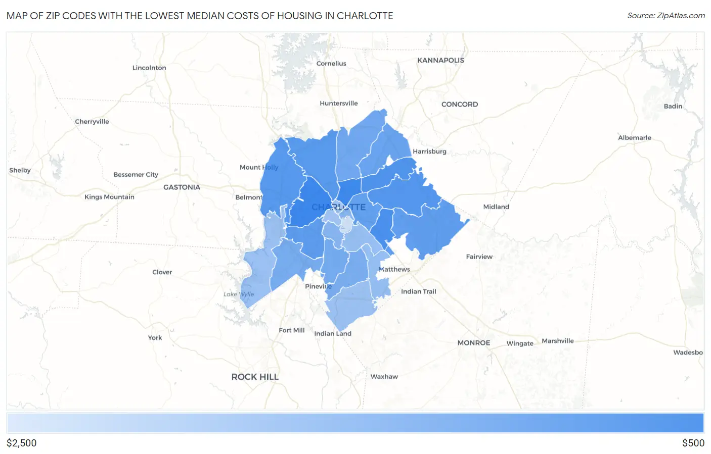 Zip Codes with the Lowest Median Costs of Housing in Charlotte Map