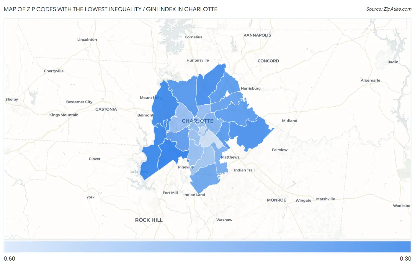Zip Codes with the Lowest Inequality / Gini Index in Charlotte Map