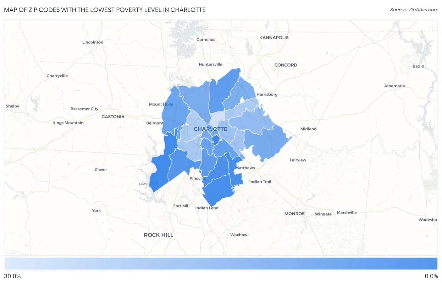 Zip Codes with the Lowest Poverty Level in Charlotte Map