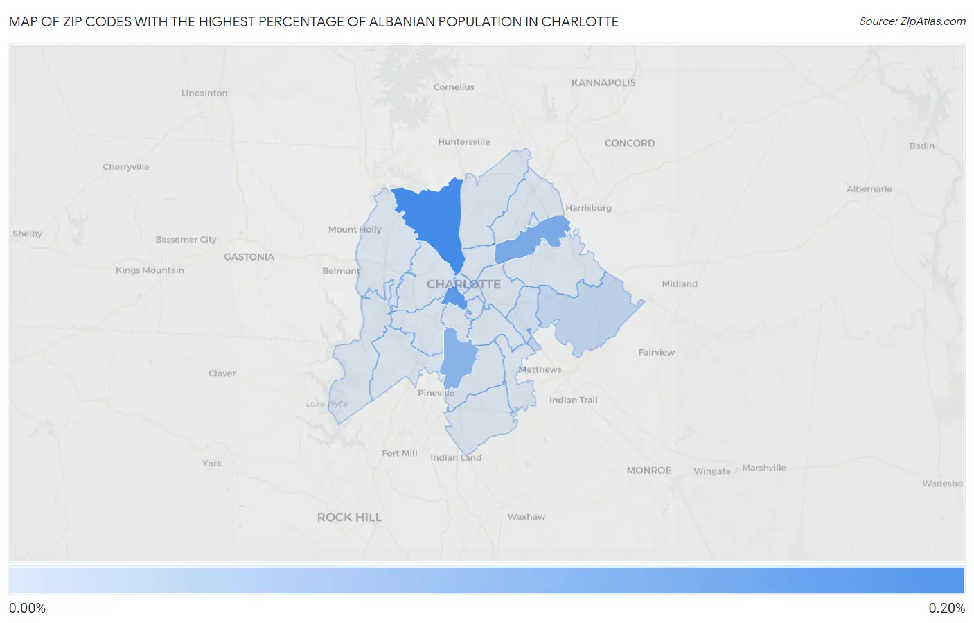 Zip Codes with the Highest Percentage of Albanian Population in Charlotte Map