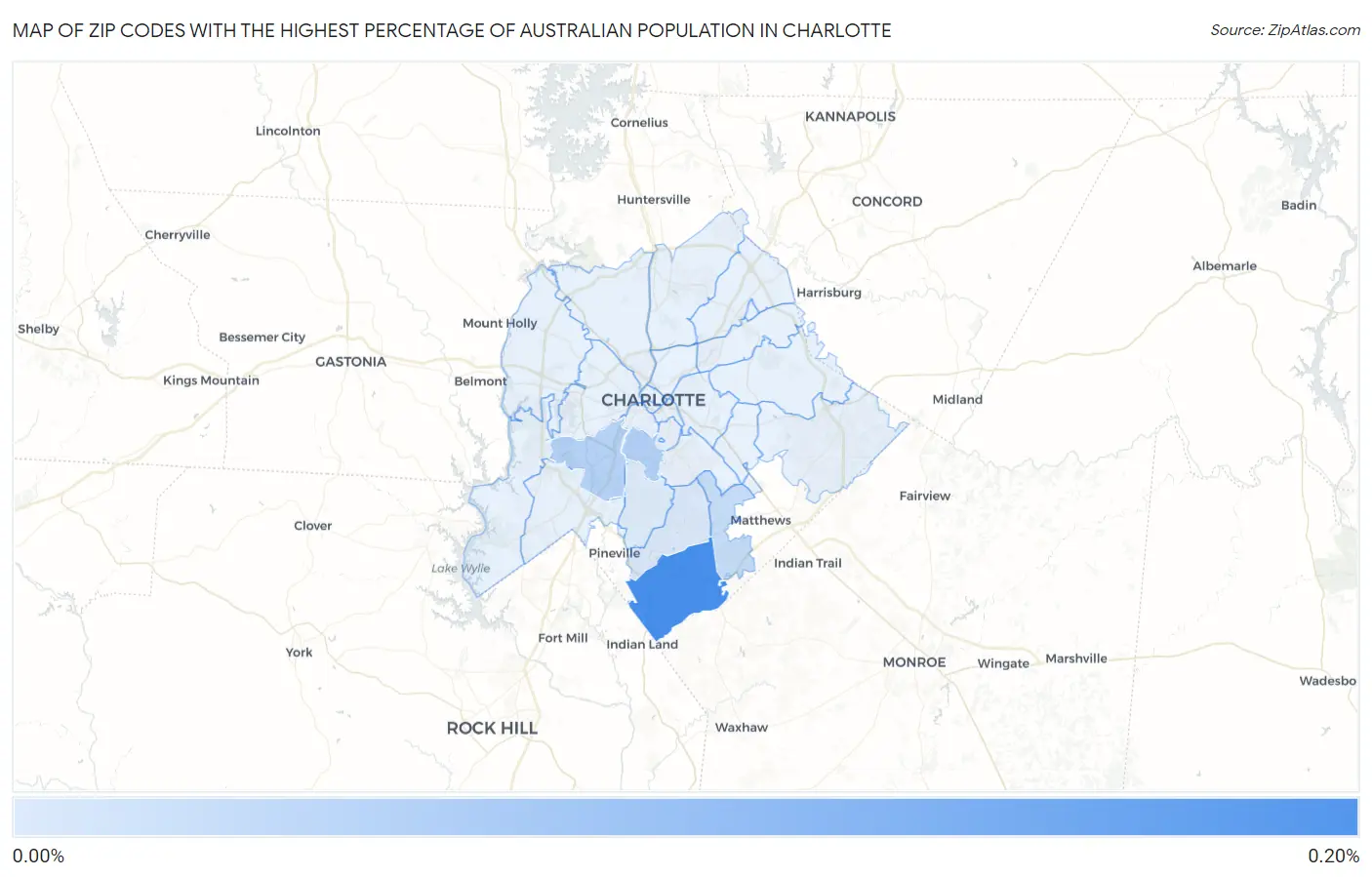 Zip Codes with the Highest Percentage of Australian Population in Charlotte Map