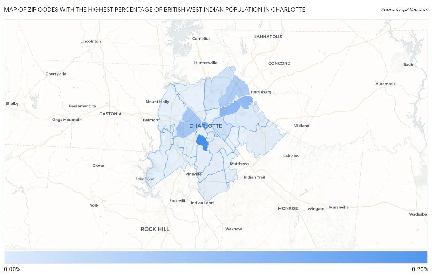 Zip Codes with the Highest Percentage of British West Indian Population in Charlotte Map