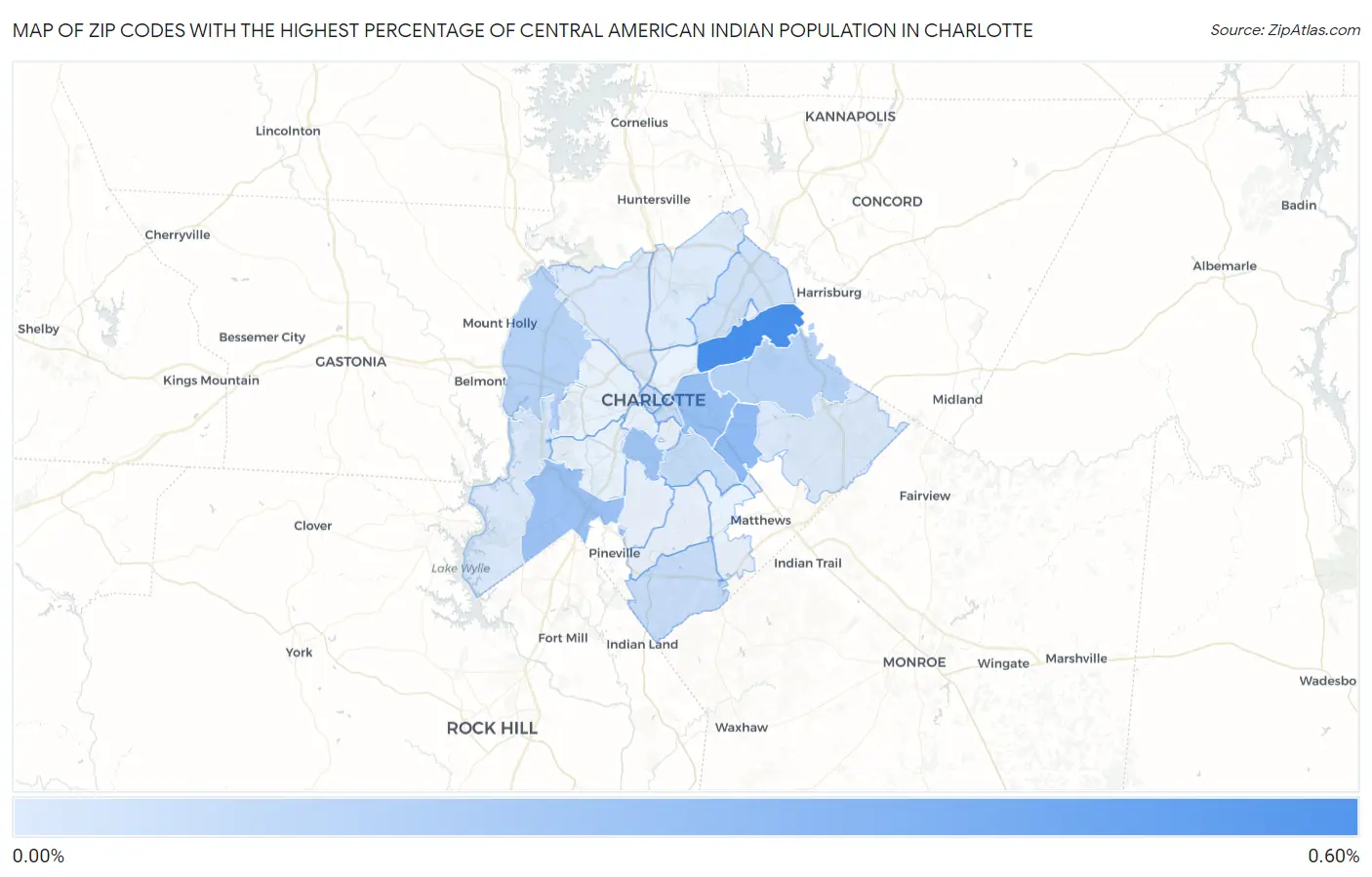 Zip Codes with the Highest Percentage of Central American Indian Population in Charlotte Map