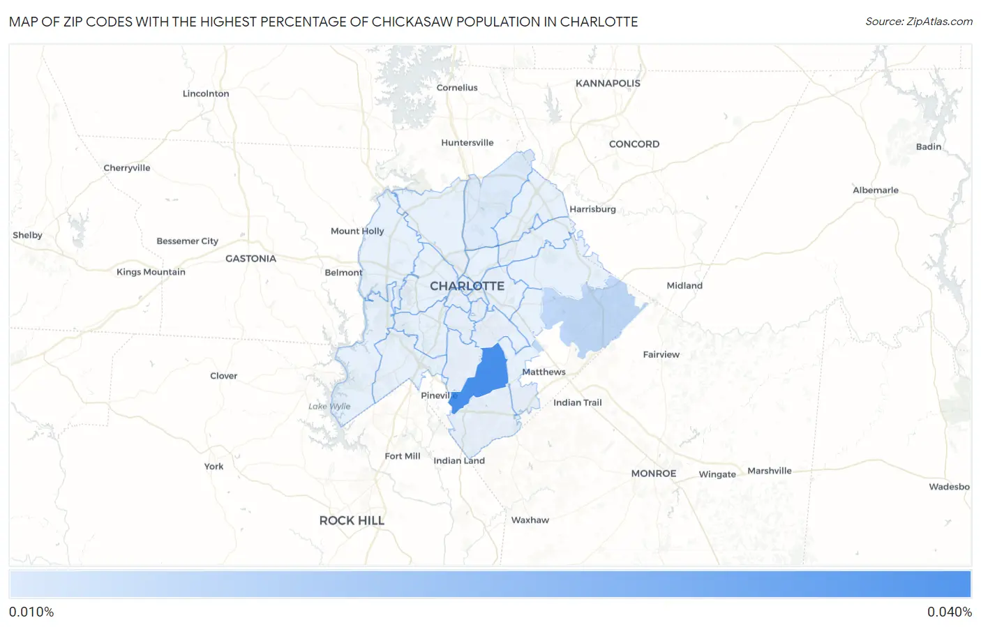 Zip Codes with the Highest Percentage of Chickasaw Population in Charlotte Map