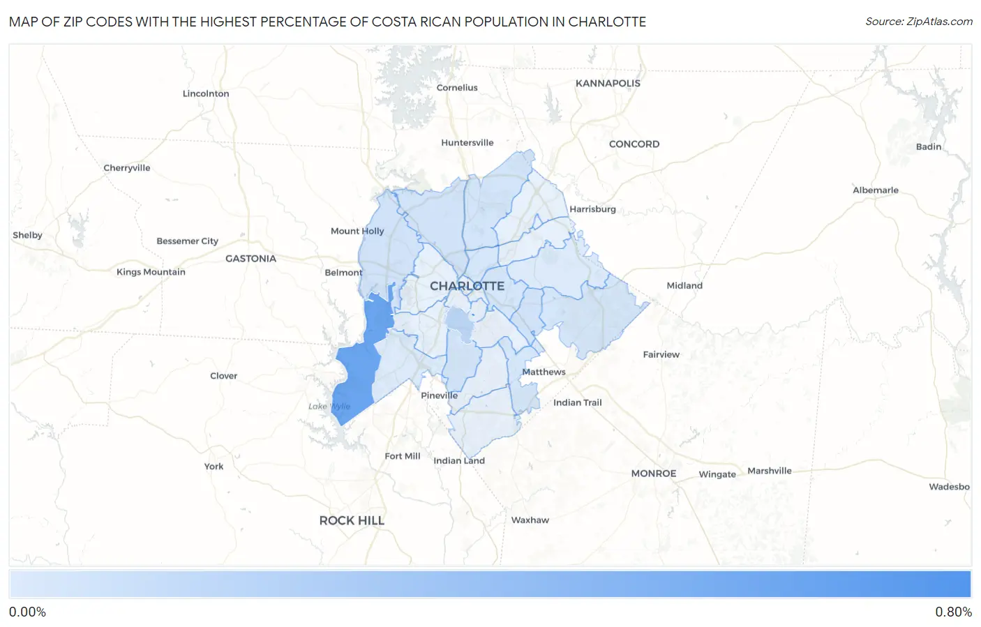 Zip Codes with the Highest Percentage of Costa Rican Population in Charlotte Map