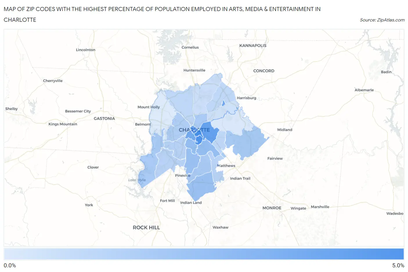 Zip Codes with the Highest Percentage of Population Employed in Arts, Media & Entertainment in Charlotte Map