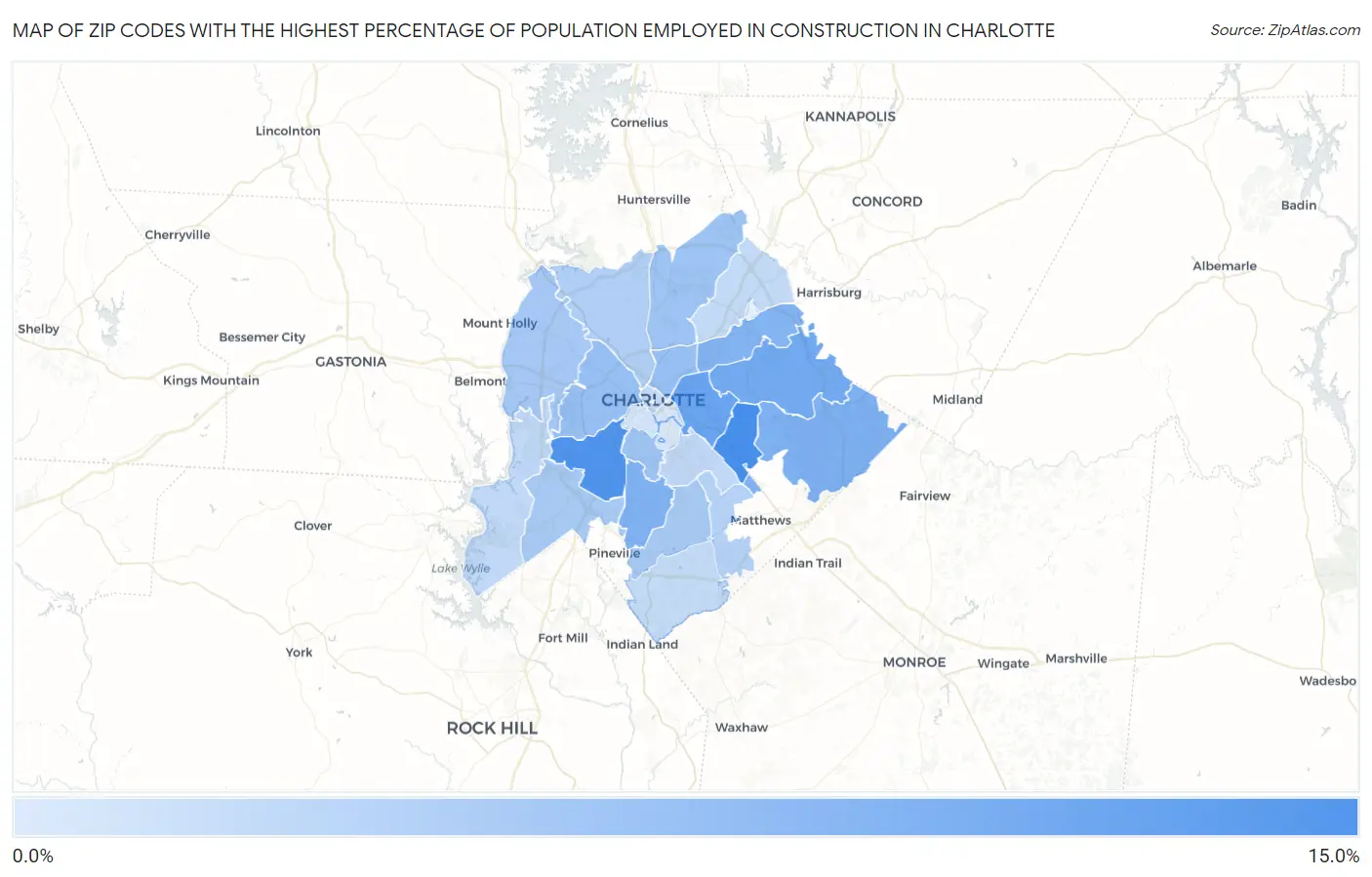 Zip Codes with the Highest Percentage of Population Employed in Construction in Charlotte Map