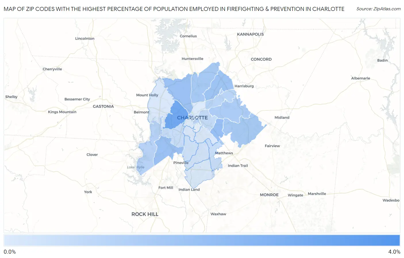 Zip Codes with the Highest Percentage of Population Employed in Firefighting & Prevention in Charlotte Map