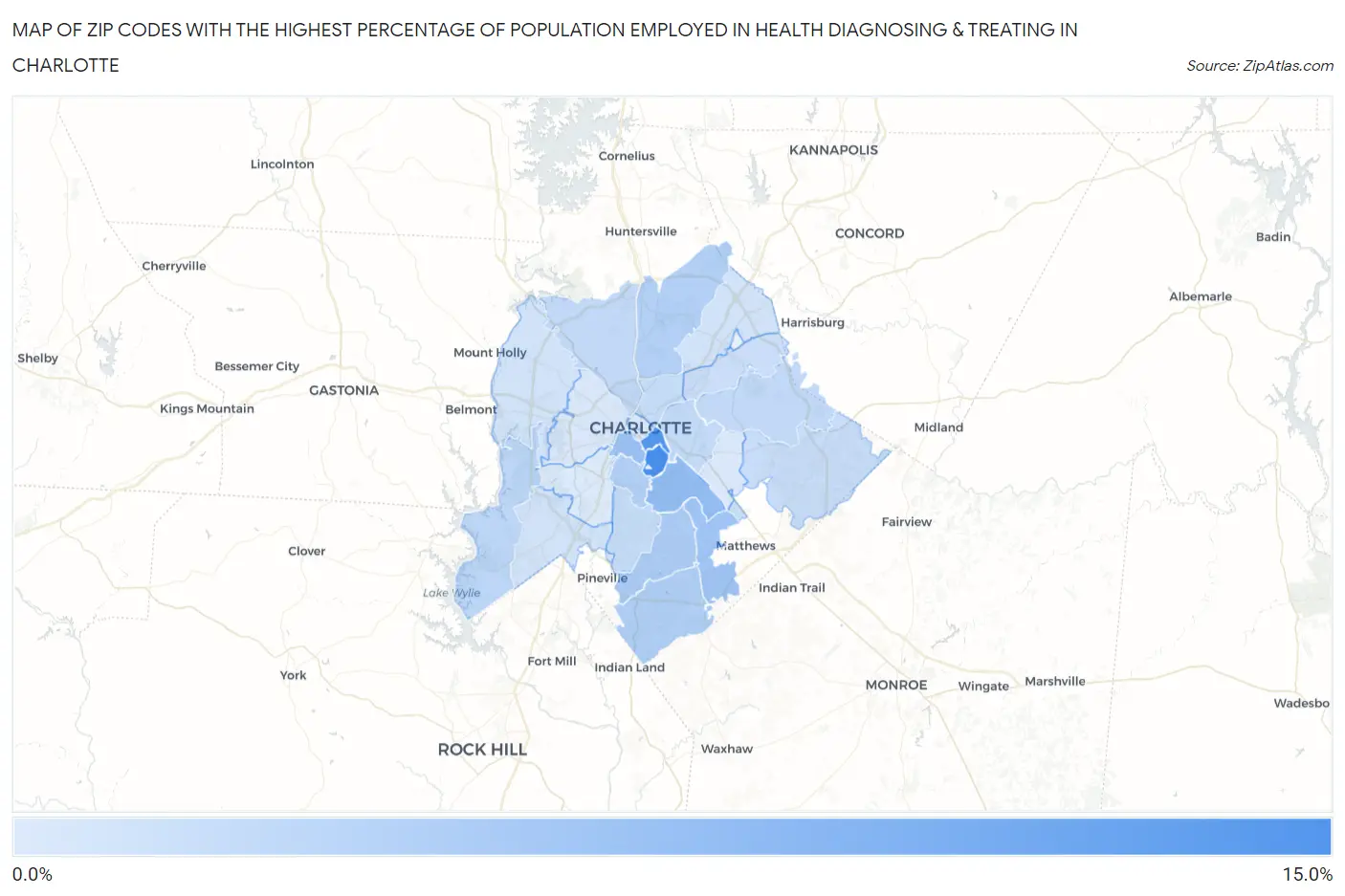 Zip Codes with the Highest Percentage of Population Employed in Health Diagnosing & Treating in Charlotte Map