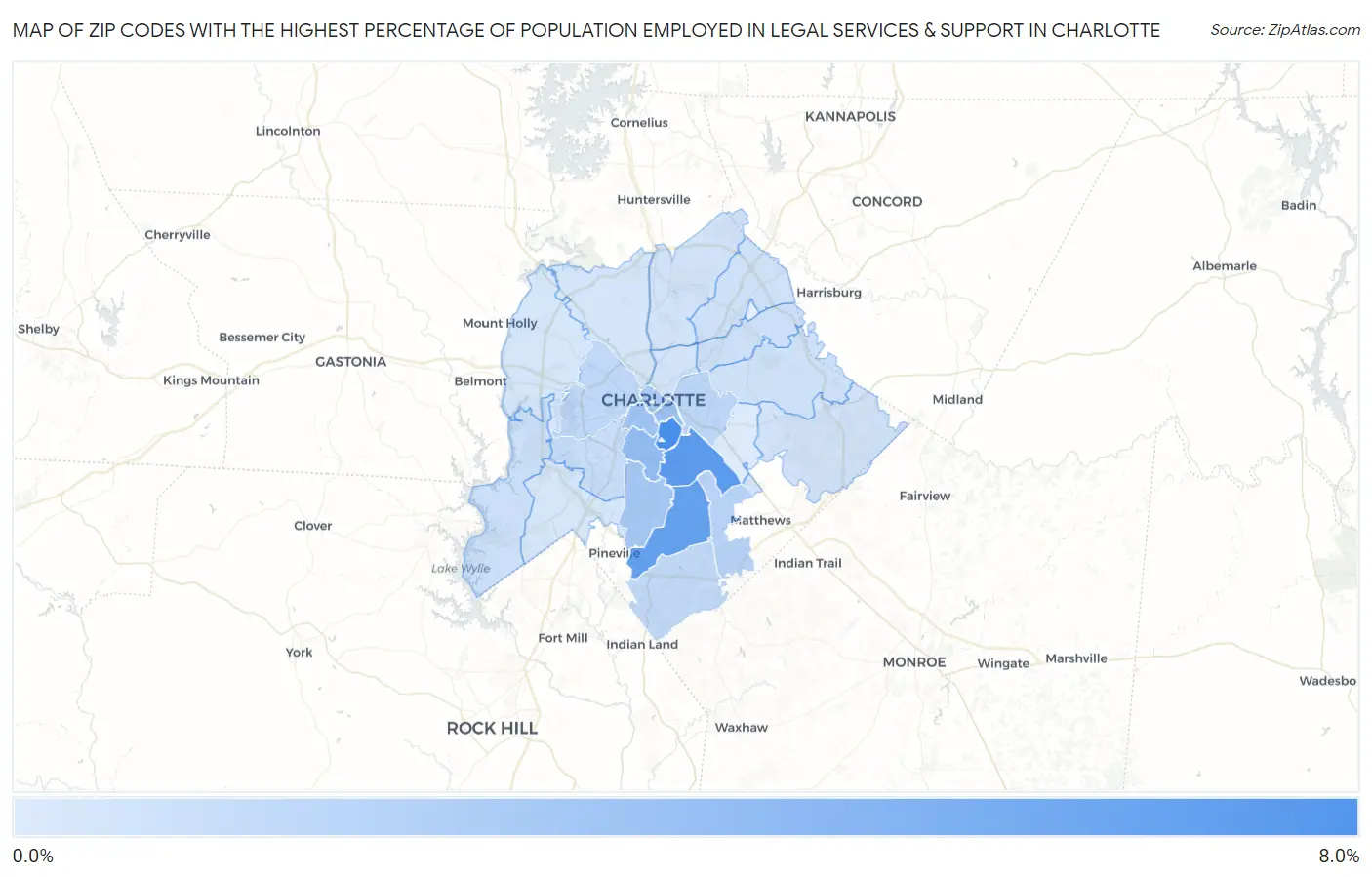 Zip Codes with the Highest Percentage of Population Employed in Legal Services & Support in Charlotte Map