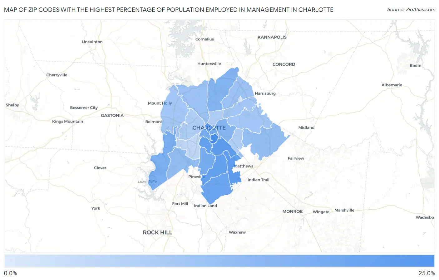 Zip Codes with the Highest Percentage of Population Employed in Management in Charlotte Map