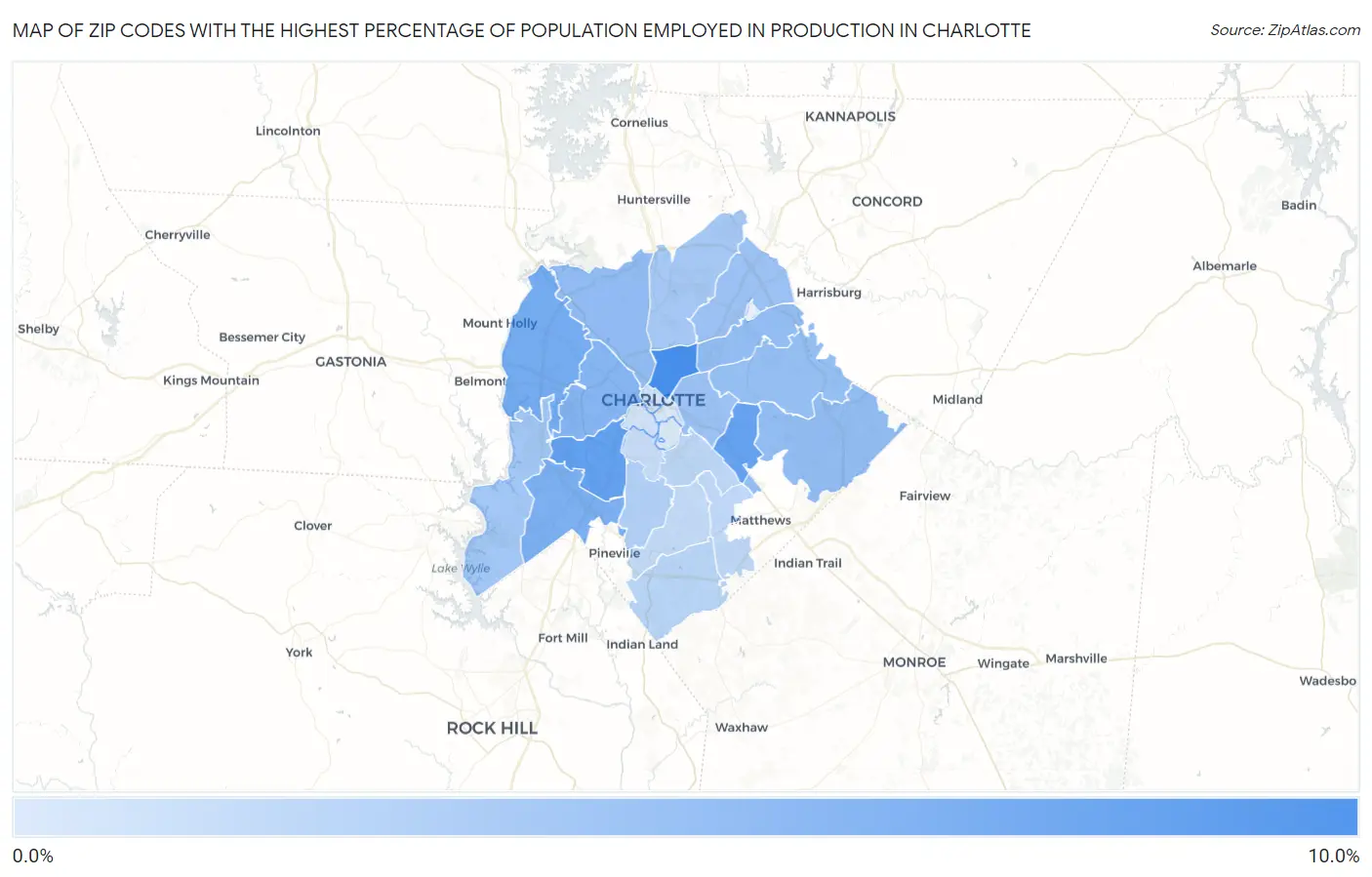 Zip Codes with the Highest Percentage of Population Employed in Production in Charlotte Map