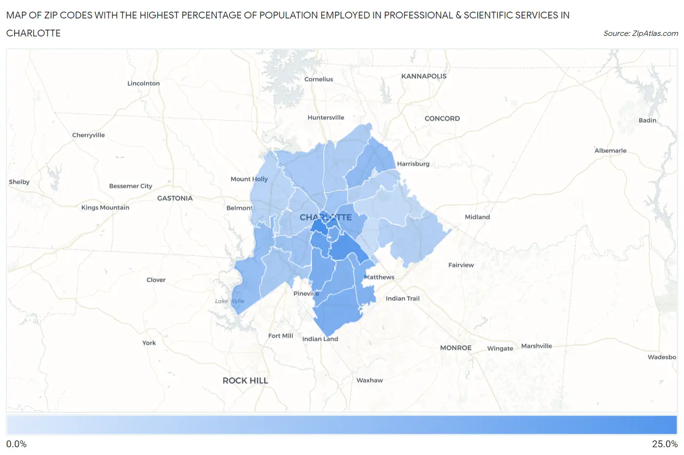 Zip Codes with the Highest Percentage of Population Employed in Professional & Scientific Services in Charlotte Map