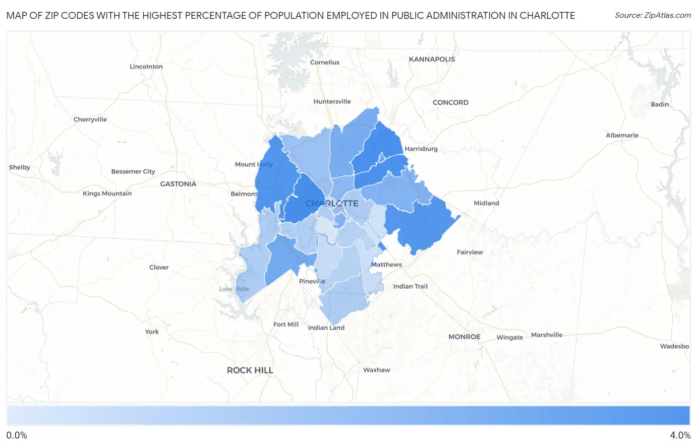Zip Codes with the Highest Percentage of Population Employed in Public Administration in Charlotte Map