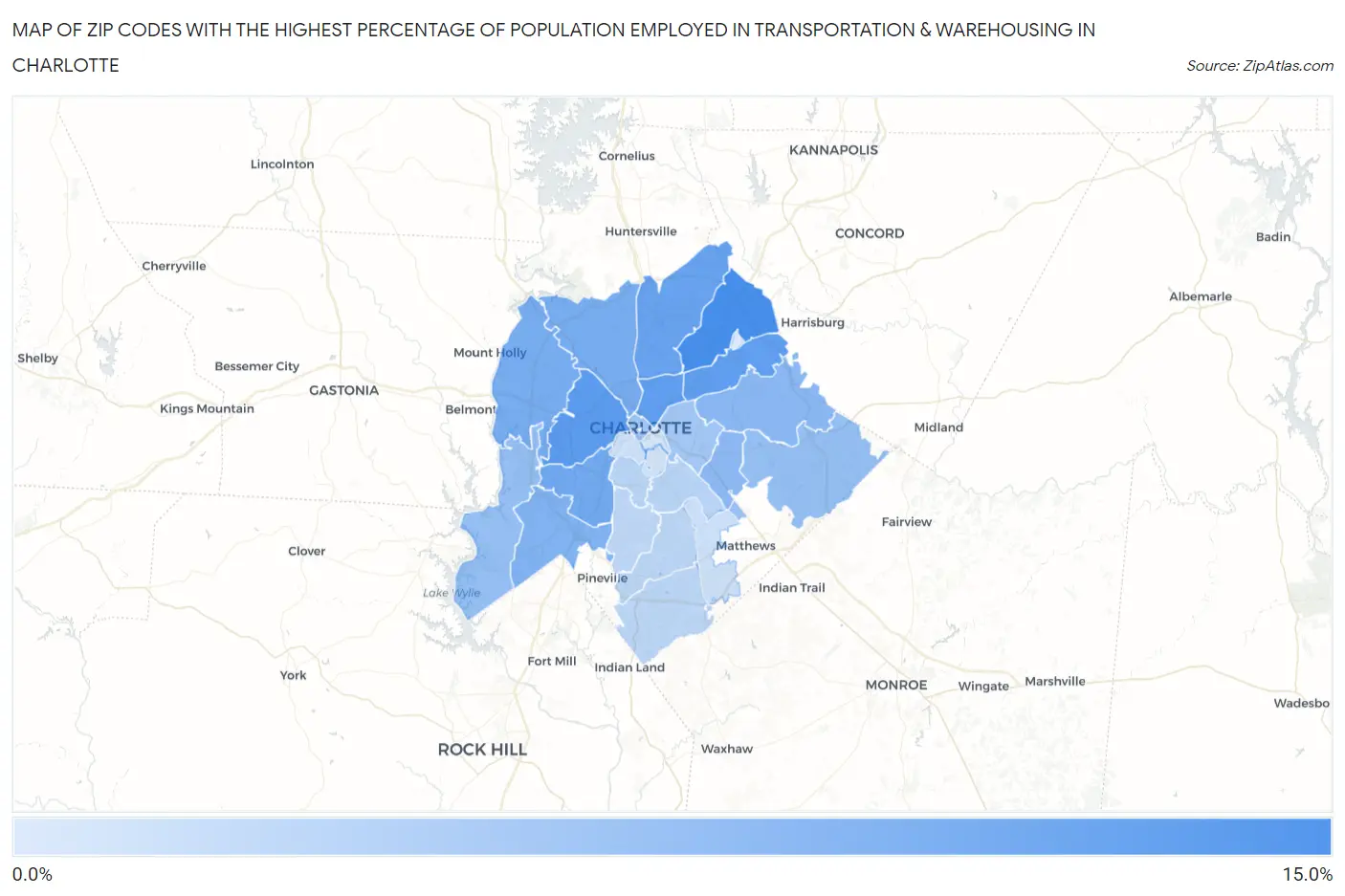 Zip Codes with the Highest Percentage of Population Employed in Transportation & Warehousing in Charlotte Map