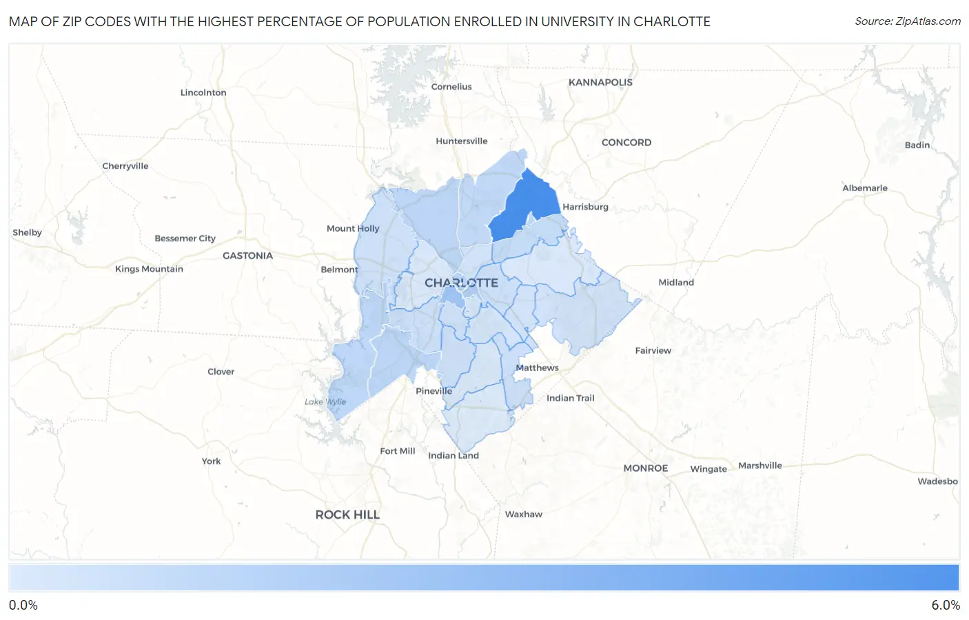 Zip Codes with the Highest Percentage of Population Enrolled in University in Charlotte Map