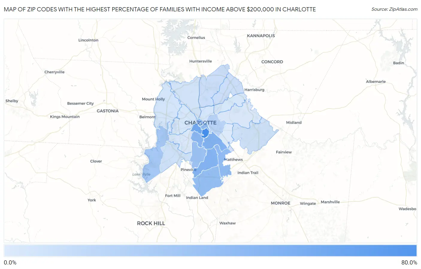 Zip Codes with the Highest Percentage of Families with Income Above $200,000 in Charlotte Map