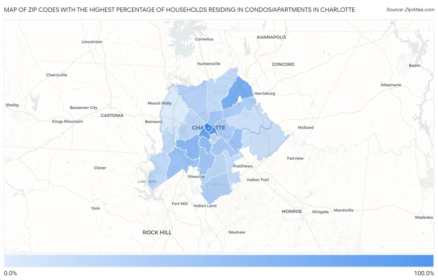 Zip Codes with the Highest Percentage of Households Residing in Condos/Apartments in Charlotte Map
