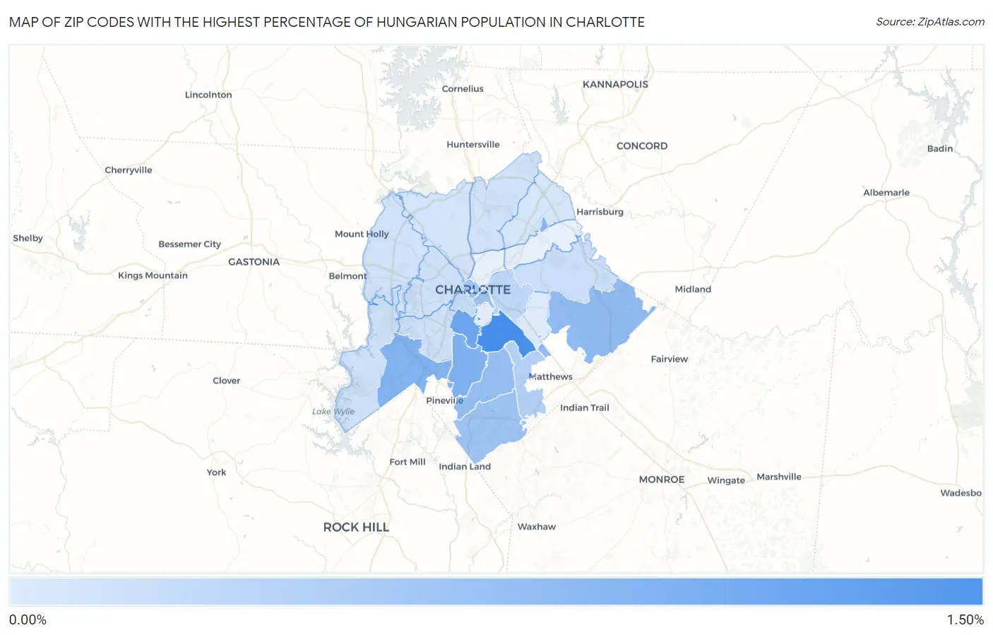 Zip Codes with the Highest Percentage of Hungarian Population in Charlotte Map