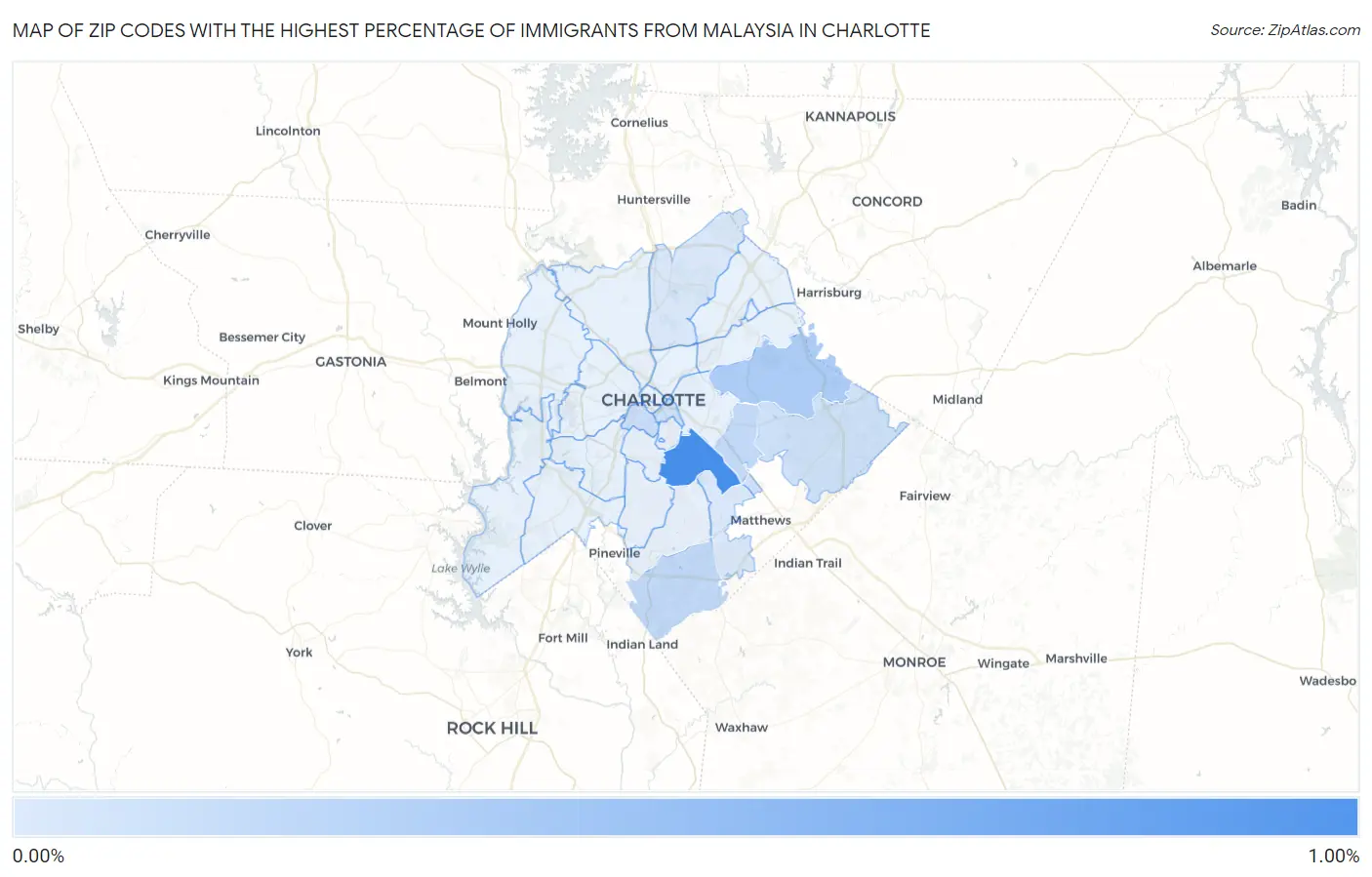 Zip Codes with the Highest Percentage of Immigrants from Malaysia in Charlotte Map