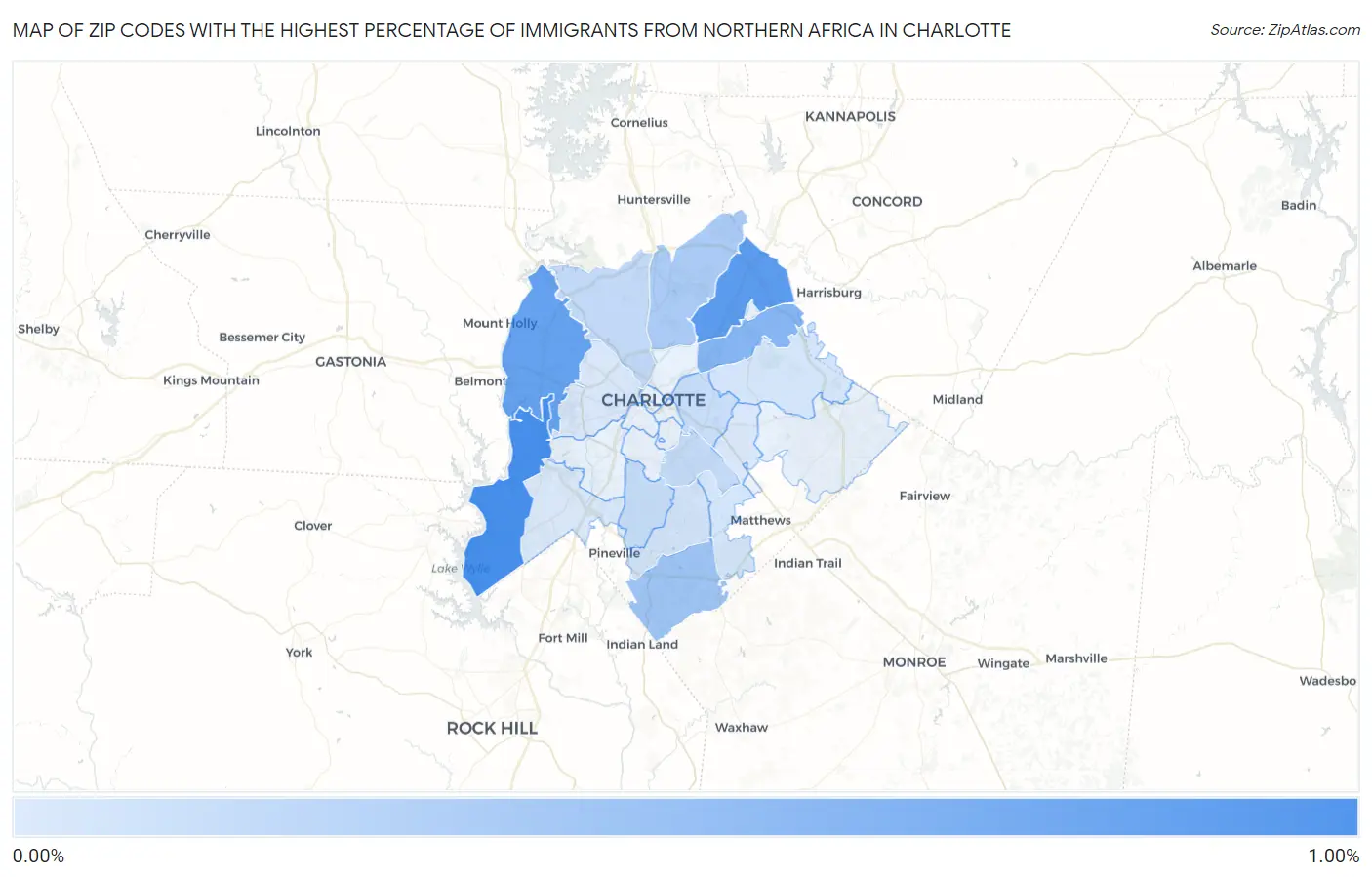 Zip Codes with the Highest Percentage of Immigrants from Northern Africa in Charlotte Map