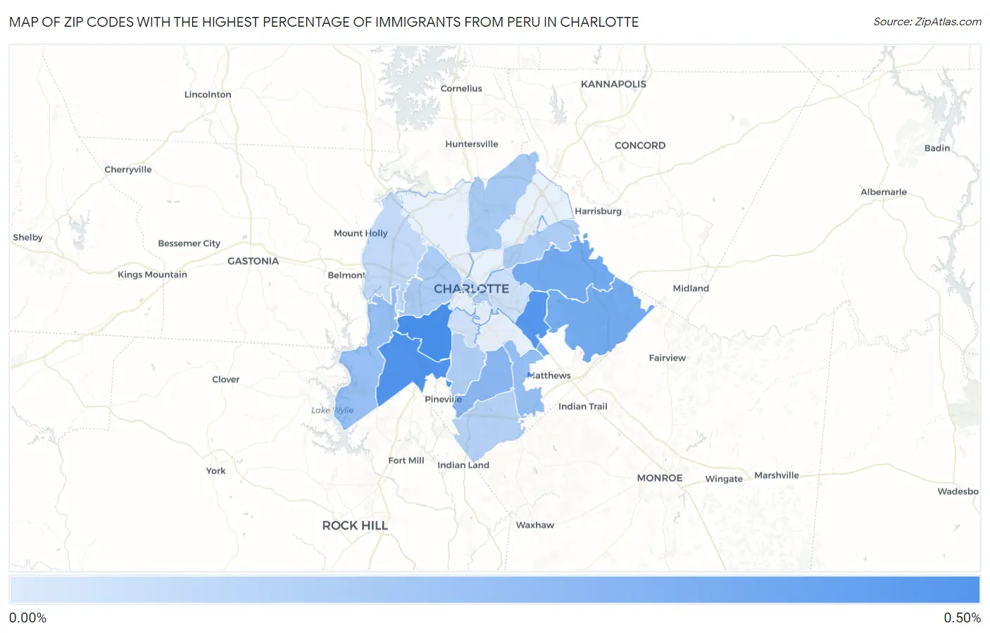 Zip Codes with the Highest Percentage of Immigrants from Peru in Charlotte Map