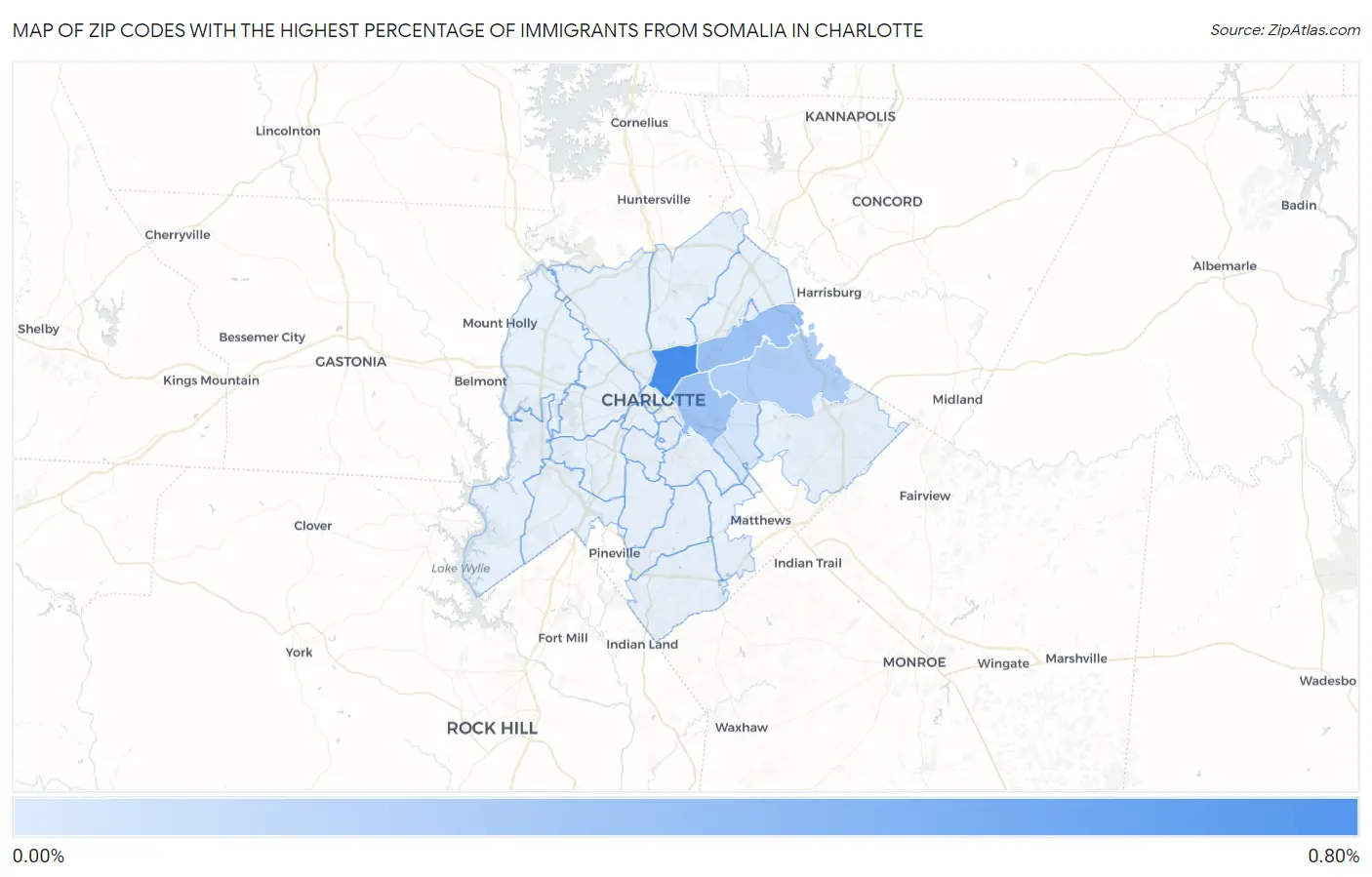 Zip Codes with the Highest Percentage of Immigrants from Somalia in Charlotte Map