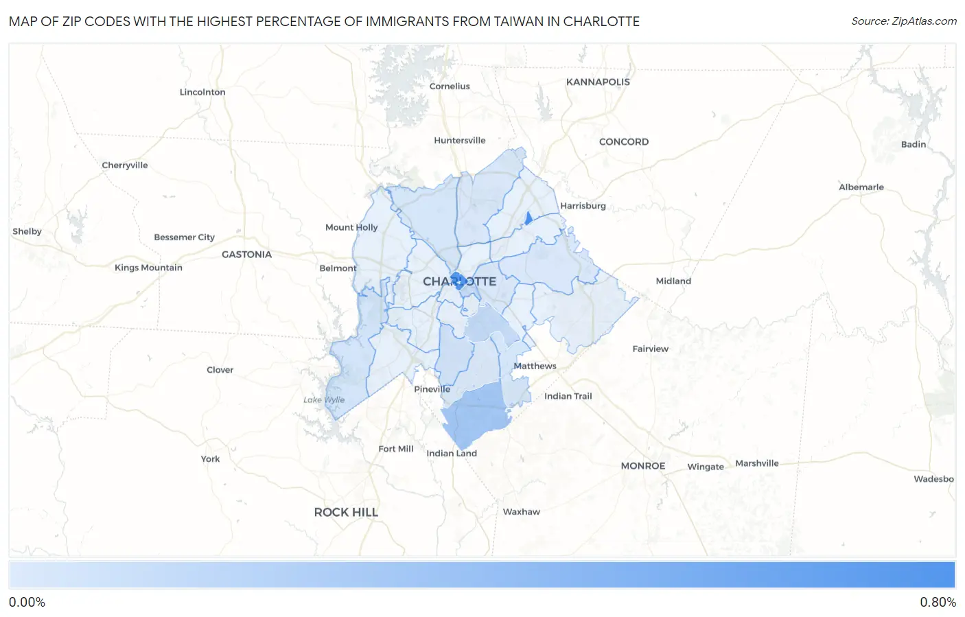 Zip Codes with the Highest Percentage of Immigrants from Taiwan in Charlotte Map