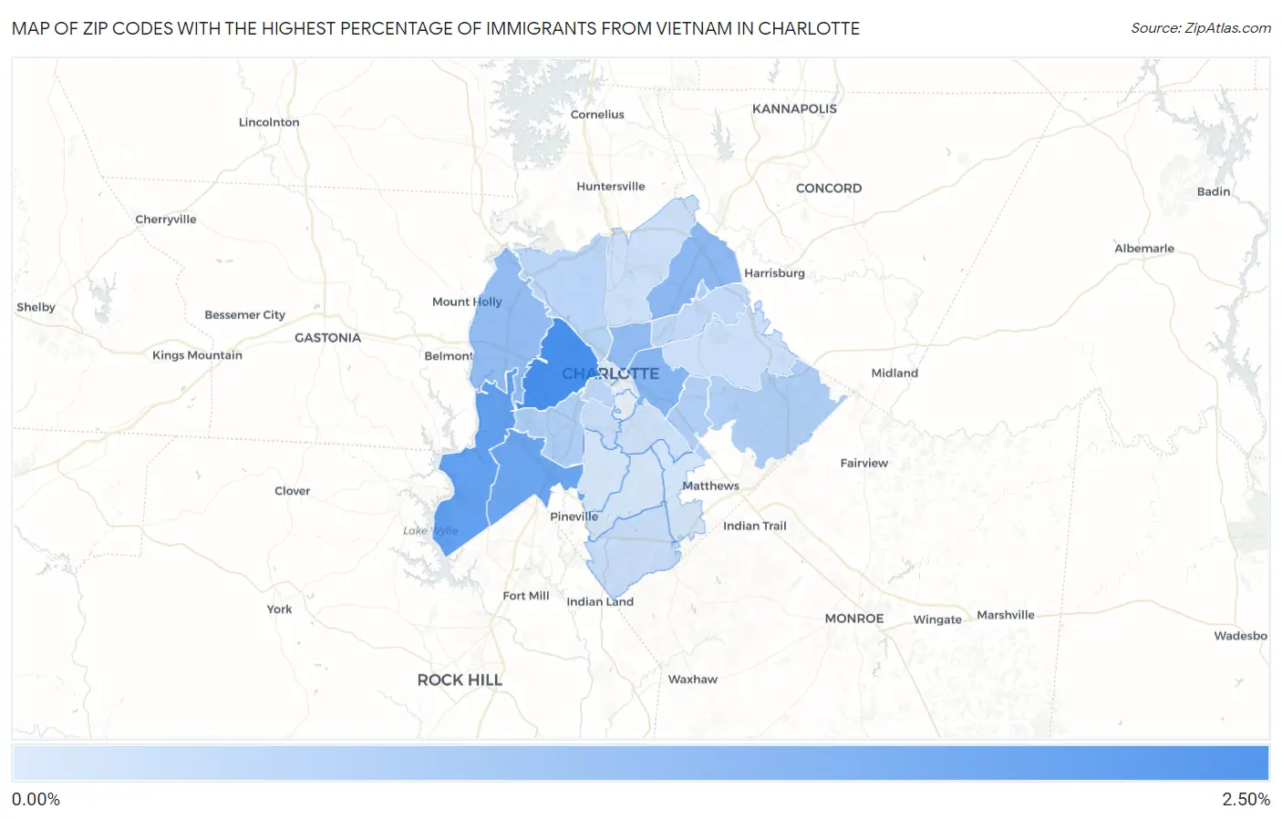 Zip Codes with the Highest Percentage of Immigrants from Vietnam in Charlotte Map