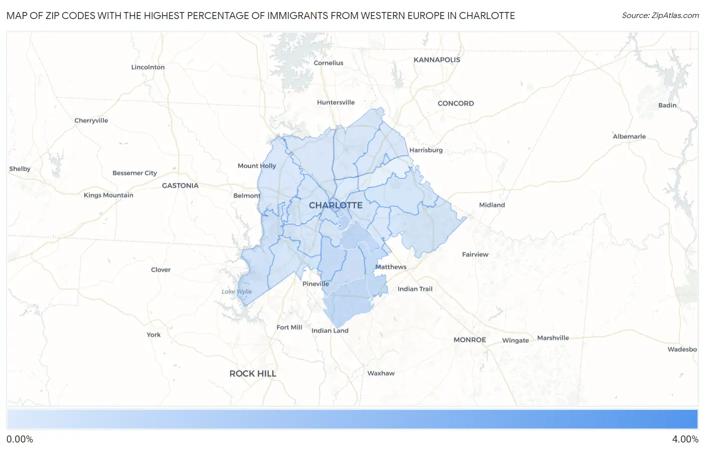 Zip Codes with the Highest Percentage of Immigrants from Western Europe in Charlotte Map