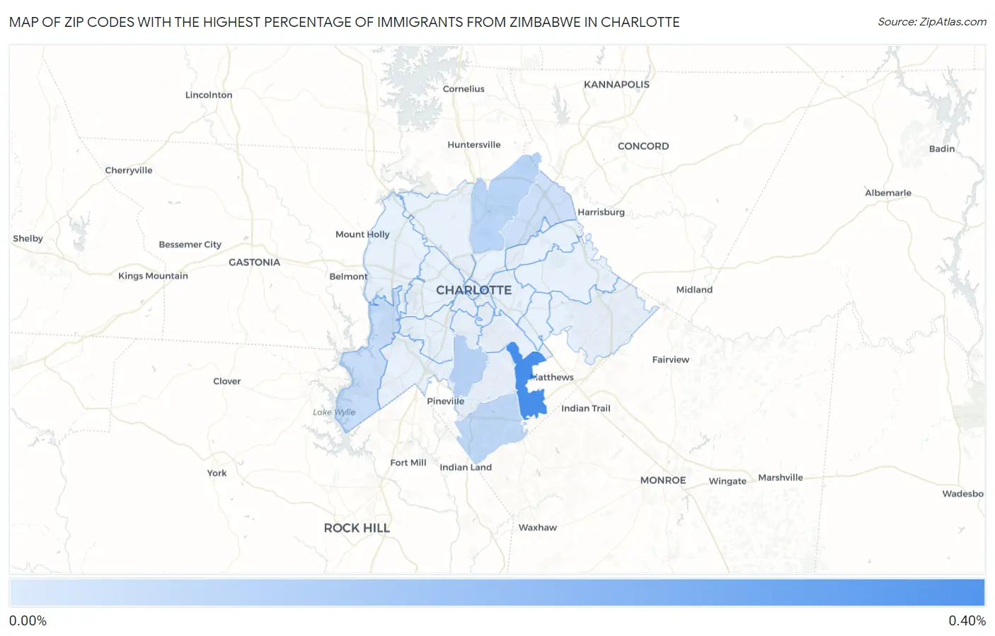 Zip Codes with the Highest Percentage of Immigrants from Zimbabwe in Charlotte Map