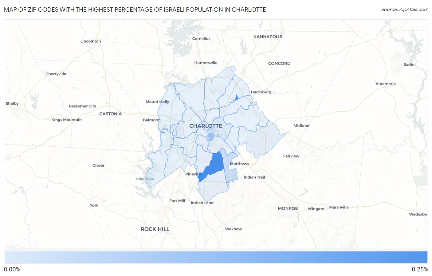 Zip Codes with the Highest Percentage of Israeli Population in Charlotte Map