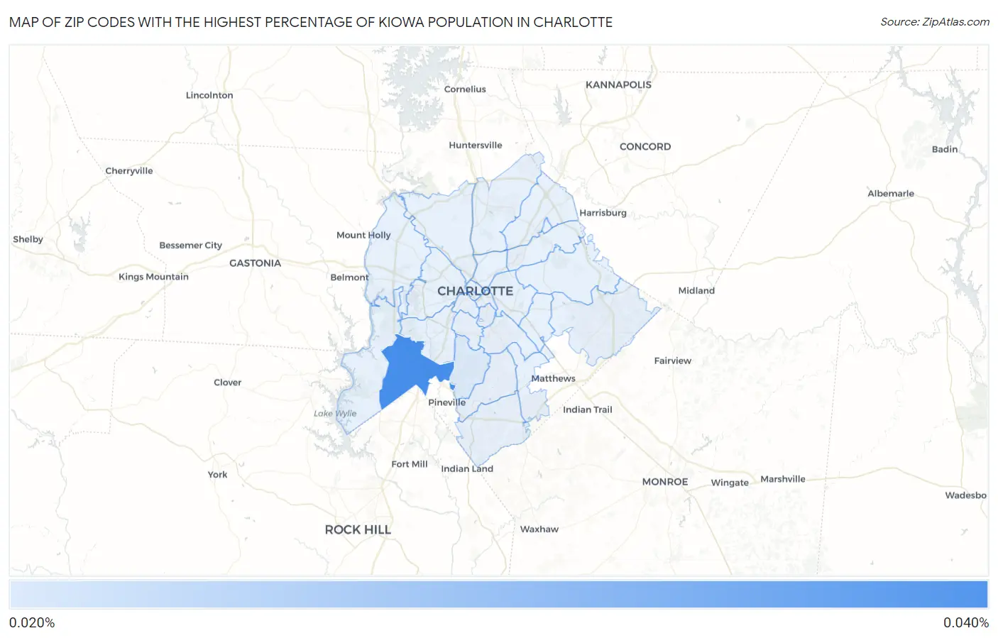 Zip Codes with the Highest Percentage of Kiowa Population in Charlotte Map