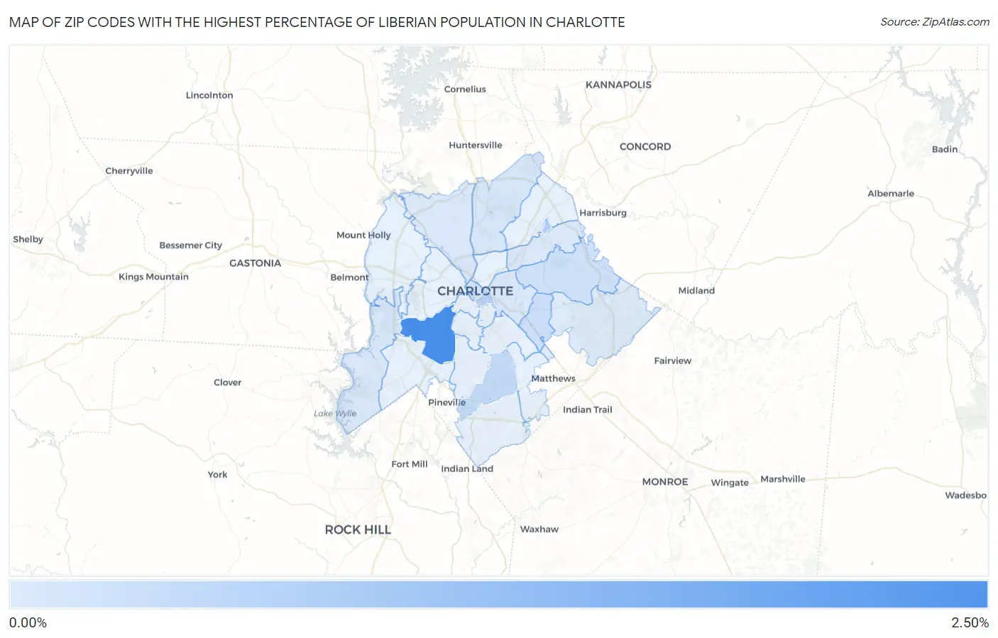 Zip Codes with the Highest Percentage of Liberian Population in Charlotte Map