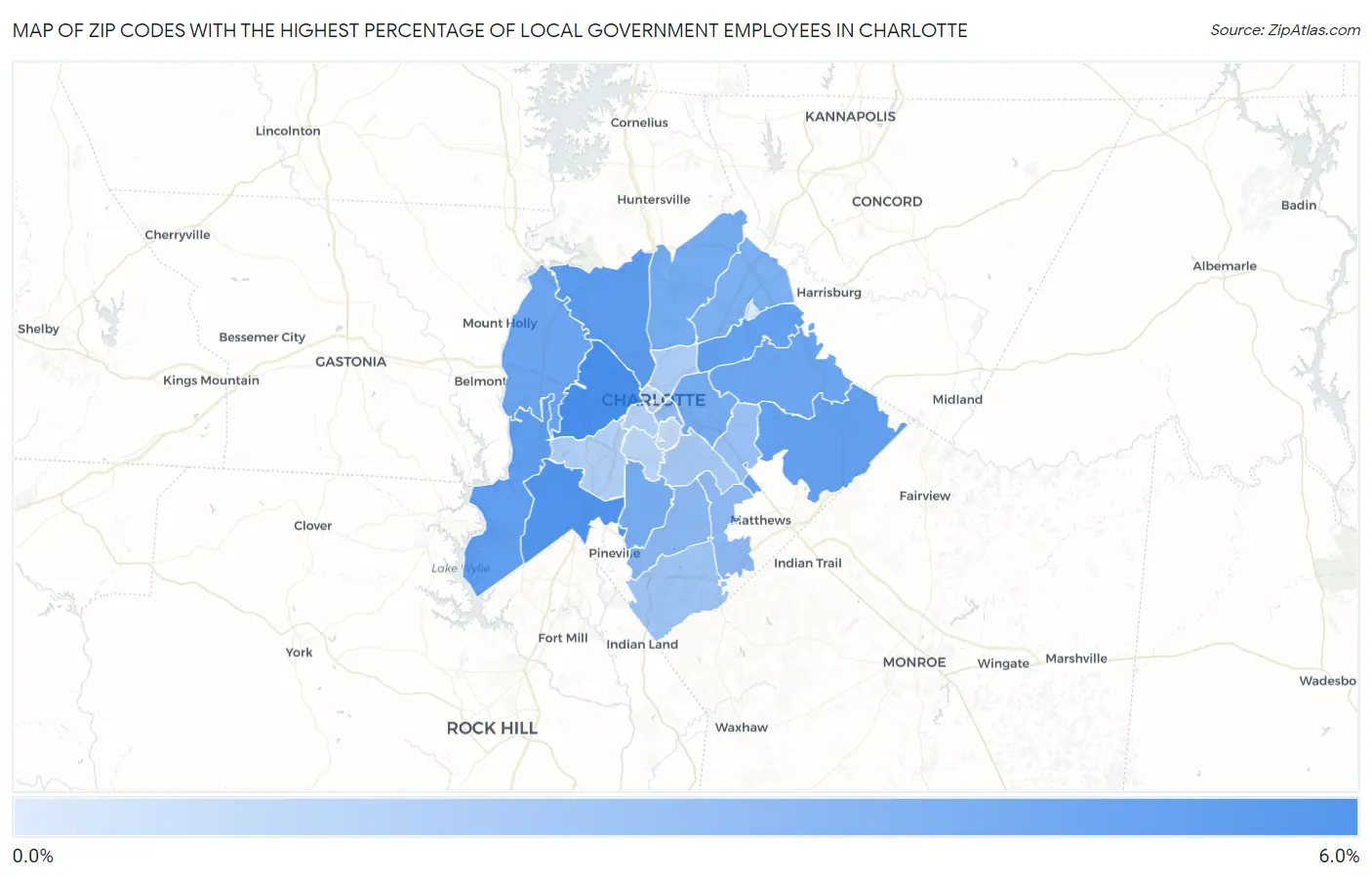 Zip Codes with the Highest Percentage of Local Government Employees in Charlotte Map