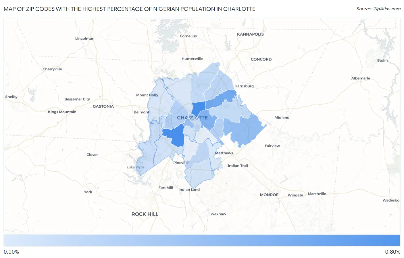 Zip Codes with the Highest Percentage of Nigerian Population in Charlotte Map