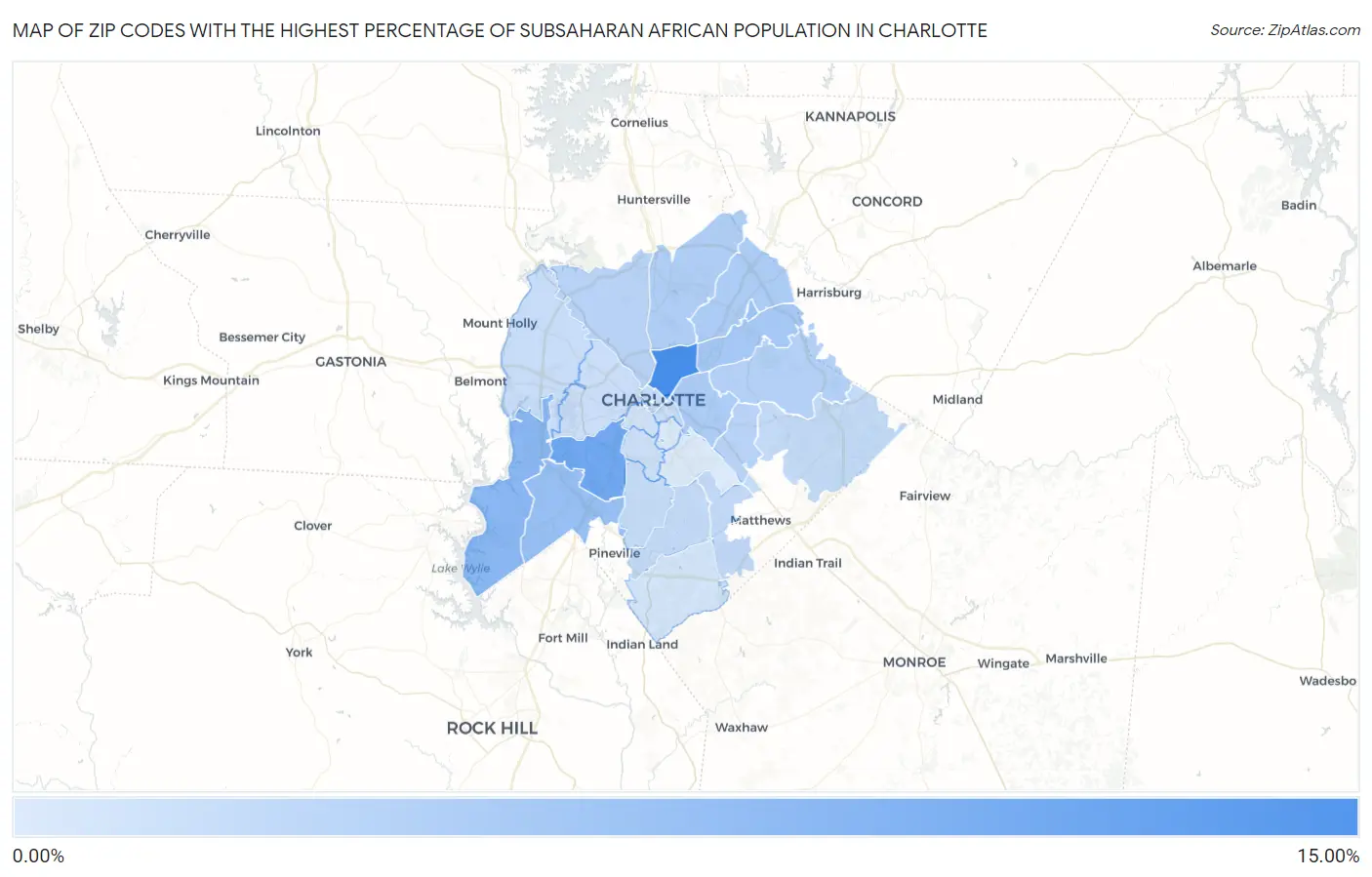 Zip Codes with the Highest Percentage of Subsaharan African Population in Charlotte Map