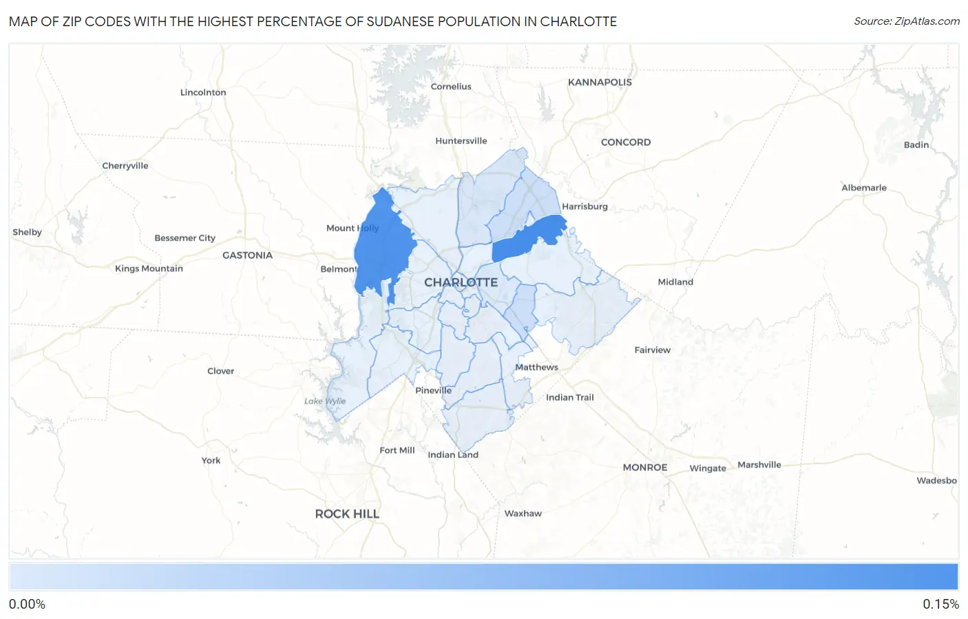Zip Codes with the Highest Percentage of Sudanese Population in Charlotte Map