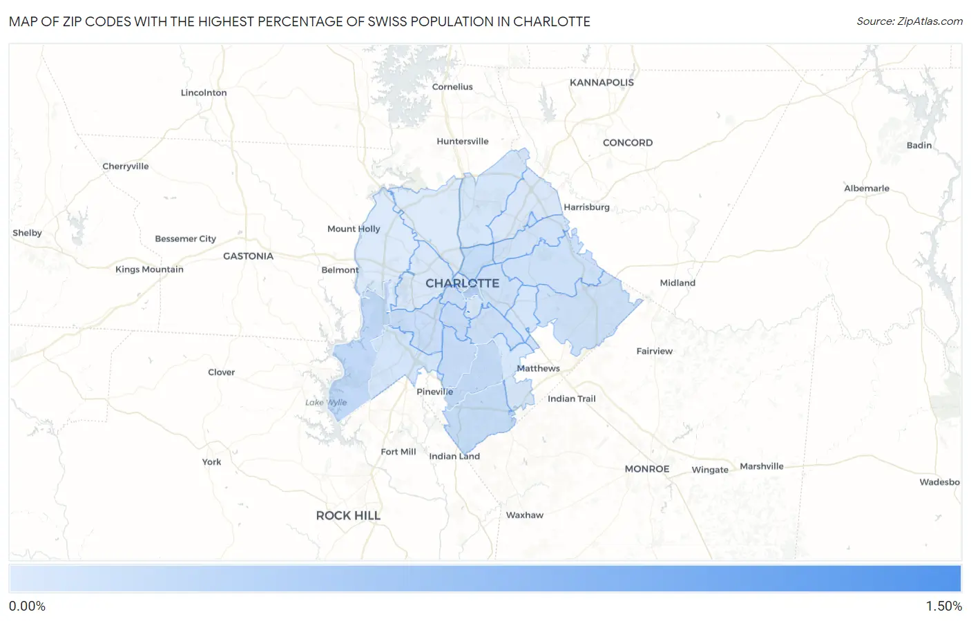 Zip Codes with the Highest Percentage of Swiss Population in Charlotte Map