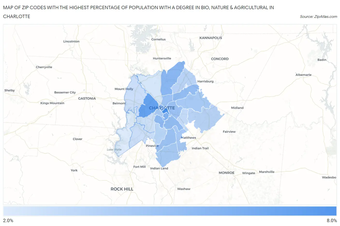 Zip Codes with the Highest Percentage of Population with a Degree in Bio, Nature & Agricultural in Charlotte Map