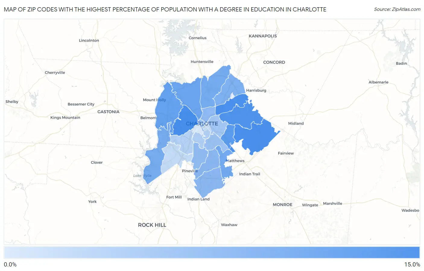 Zip Codes with the Highest Percentage of Population with a Degree in Education in Charlotte Map