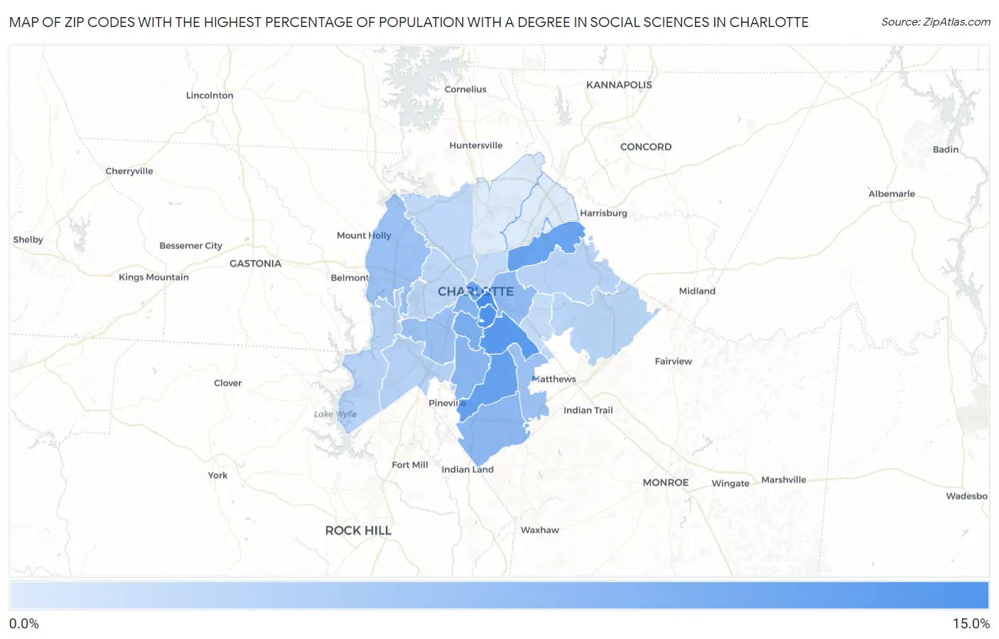 Zip Codes with the Highest Percentage of Population with a Degree in Social Sciences in Charlotte Map